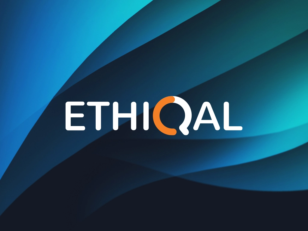 Ethiqal logo in white letters with an orange Q accent on a blue layered gradient background.