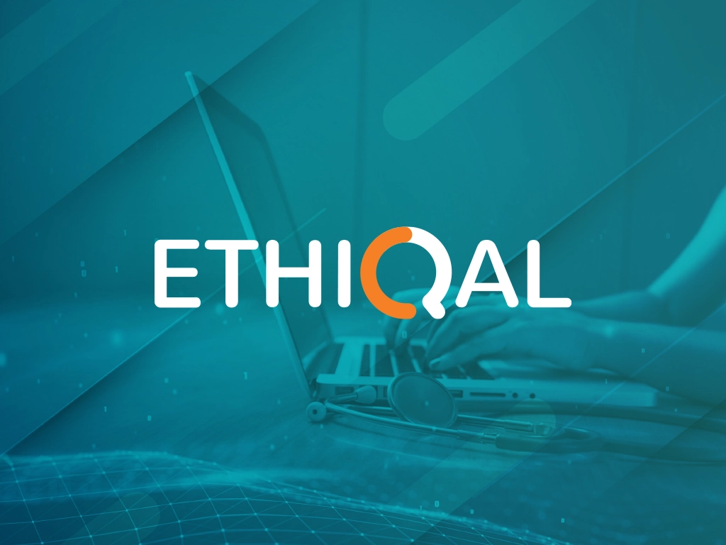 Logo reading ETHICAL in white with an orange circular accent on a teal tech background (laptop and stethoscope)