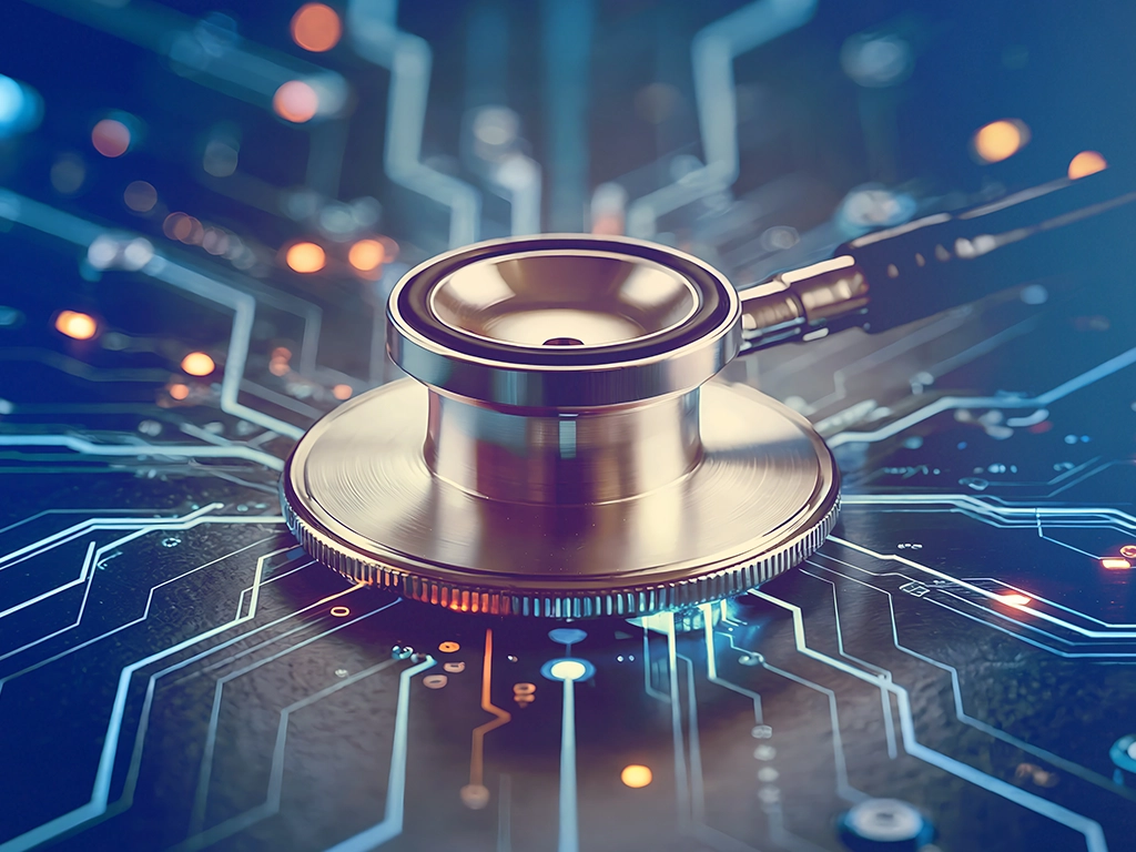 Stethoscope placed on a blue circuit board, symbolizing medical technology in action