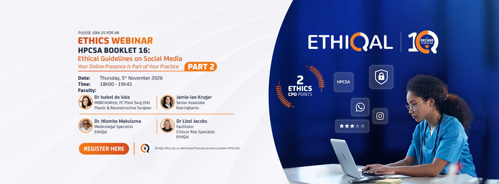 Event banner promoting ETHiQAL ethics webinar with speakers and a register button on the left; person at a laptop on the right.